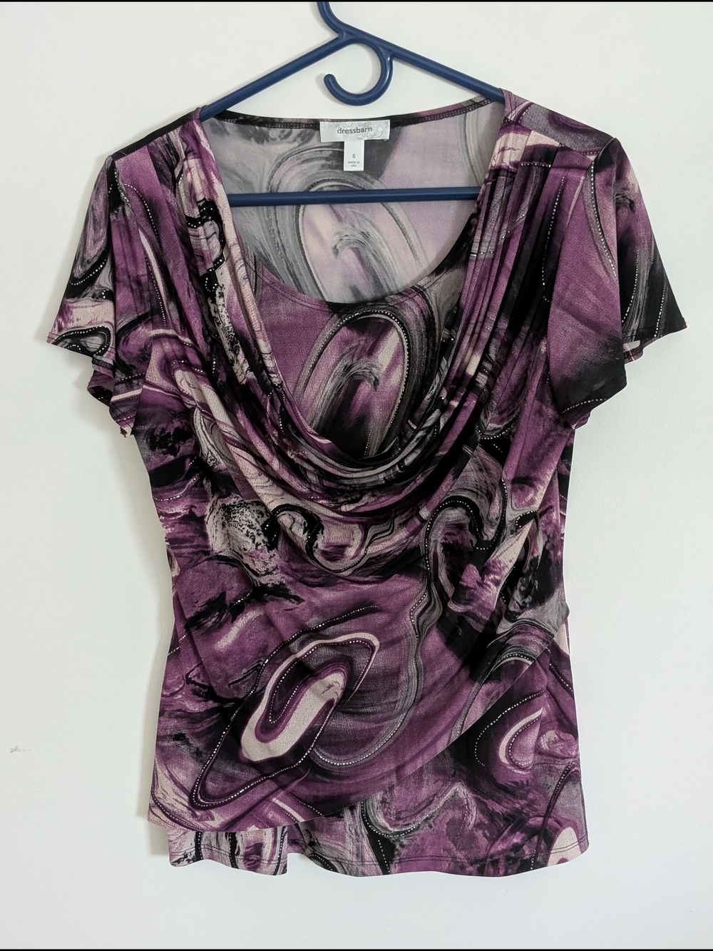 dressbarn Abstract Purple Black Gray Knit Cowl Neck Short Sleeve Top S